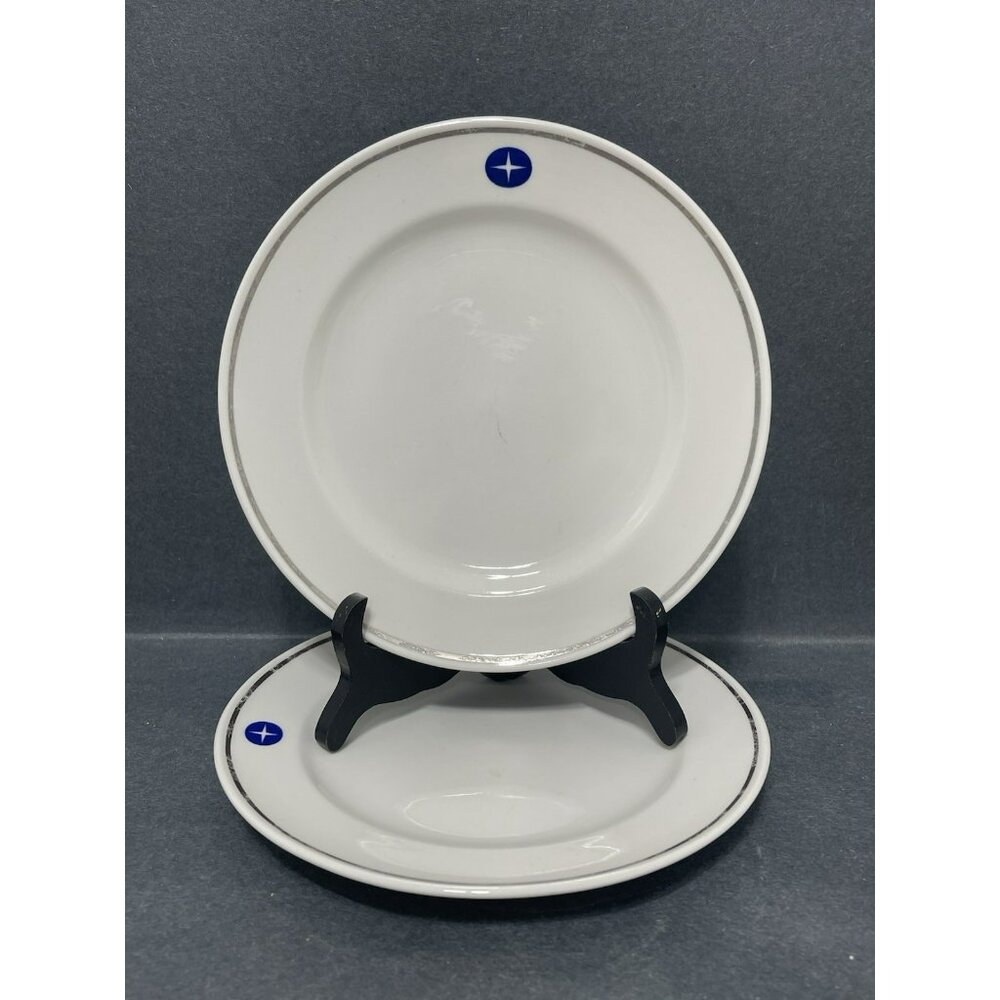 Mayer CHINA 10 Inch pretty Dinner Plates good condition Silver Trim Blue Star 2